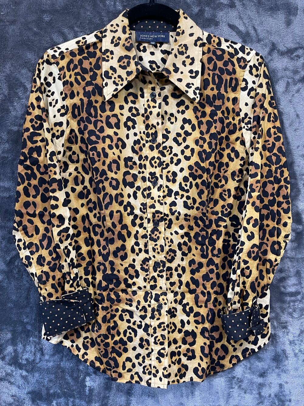 Vintage Y2K Jones New York Leopard Print Button Down Shirt Polka Dot Cuff S